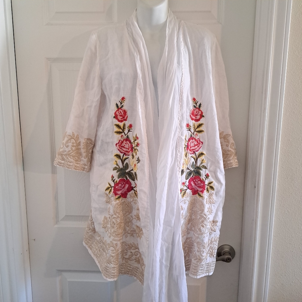 JOHNNY WAS • white linen & chiffon embroidered kimono